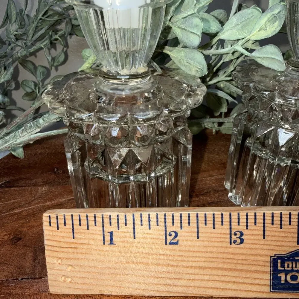 Vtg Cut Glass Reversible Candle Holders Pair Art Deco Style Crystal Look 4.5”